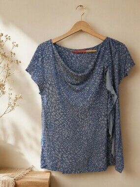 Elle Blue Patterned Draped Short-Sleeve Top
